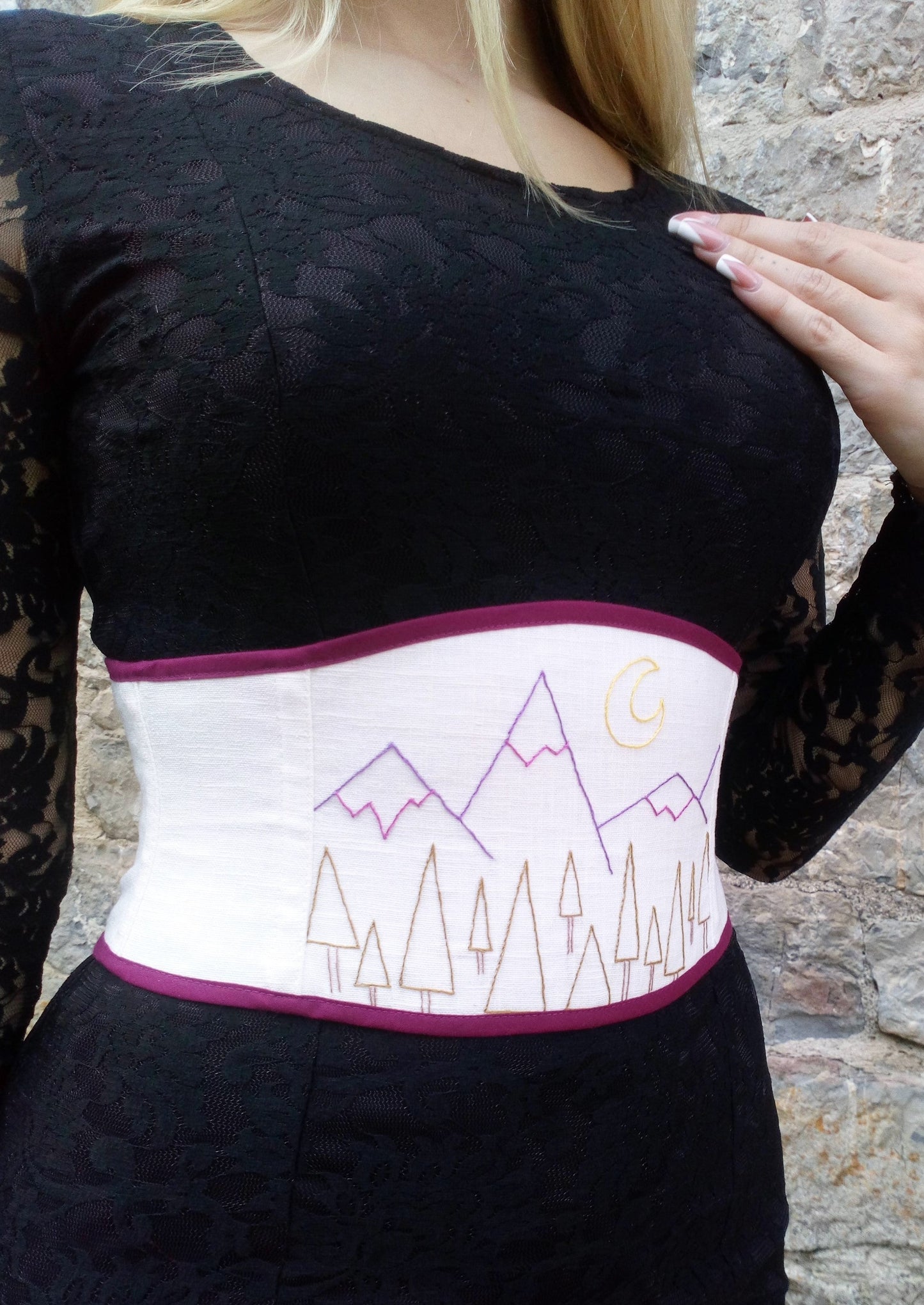 Hand embroidered linen witchy waist belt