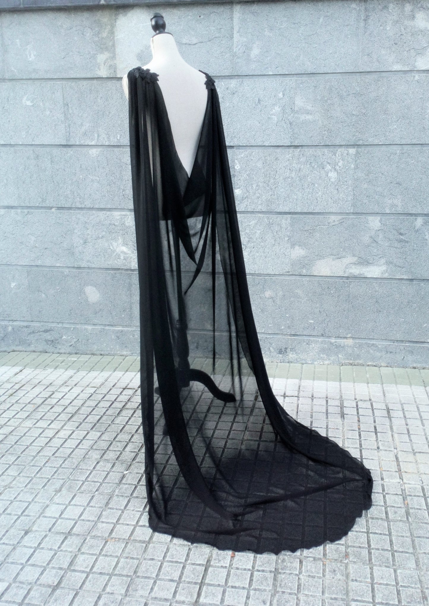 Ethereal gothic black wedding cape veil in chiffon